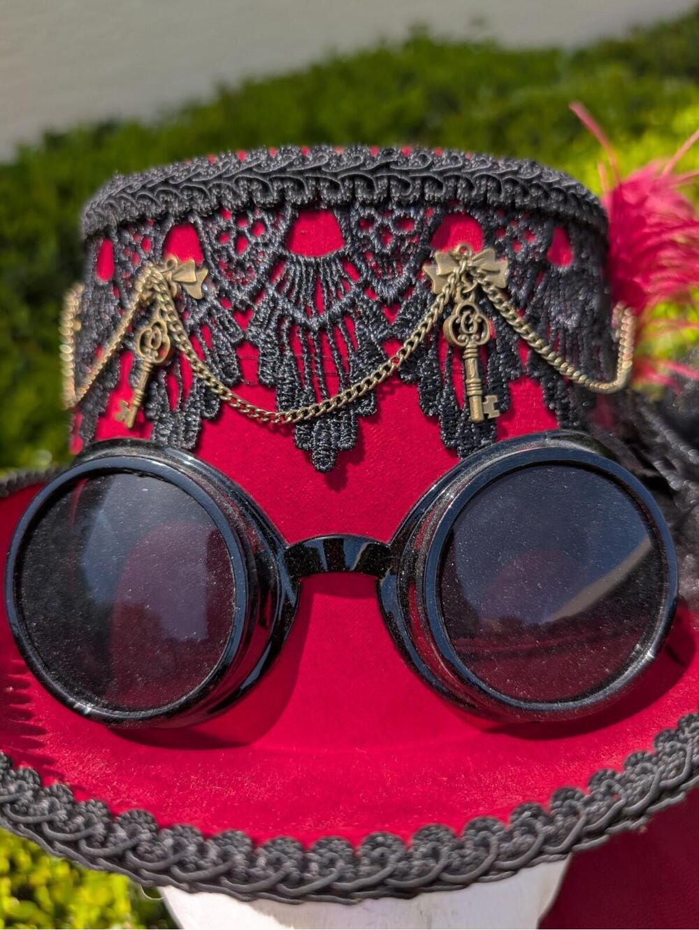 Black Red Steampunk Burning Man Top Hat With Goggles and Lace Party Head Gear - Picture 2 of 9